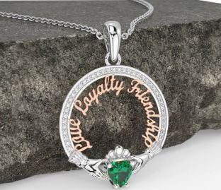 Diamond Emerald Rose Gold Silver Irish "Love, Loyalty, & Friendship" Claddagh Necklace