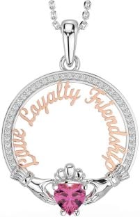 Diamond Pink Tourmaline Rose Gold Silver Irish "Love, Loyalty, & Friendship" Claddagh Necklace