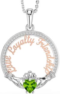 Diamond Peridot Rose Gold Silver Irish "Love, Loyalty, & Friendship" Claddagh Necklace