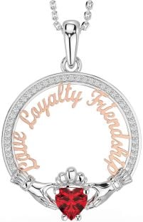 Diamond Ruby Rose Gold Silver Irish "Love, Loyalty, & Friendship" Claddagh Necklace