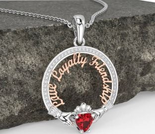 Diamond Ruby Rose Gold Silver Irish "Love, Loyalty, & Friendship" Claddagh Necklace