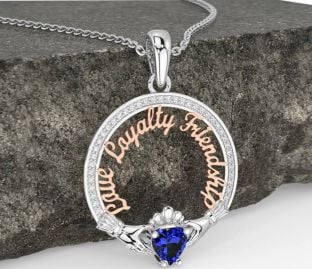 Diamond Sapphire Rose Gold Silver Irish "Love, Loyalty, & Friendship" Claddagh Necklace