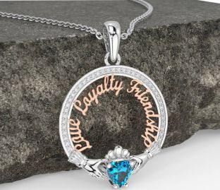 Diamond Topaz Rose Gold Silver Irish "Love, Loyalty, & Friendship" Claddagh Necklace