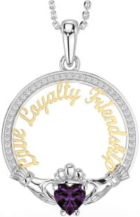 Diamond Alexandrite Gold Silver Irish "Love, Loyalty, & Friendship" Claddagh Necklace