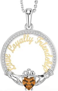 Diamond Citrine Gold Silver Irish "Love, Loyalty, & Friendship" Claddagh Necklace
