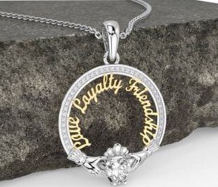 Diamond Gold Silver Irish "Love, Loyalty, & Friendship" Claddagh Necklace