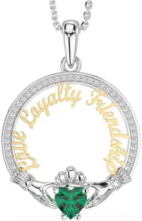 Diamond Emerald Gold Silver Irish "Love, Loyalty, & Friendship" Claddagh Necklace