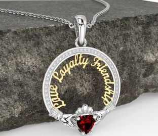 Diamond Garnet Gold Silver Irish "Love, Loyalty, & Friendship" Claddagh Necklace