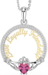 Diamond Pink Tourmaline Gold Silver Irish "Love, Loyalty, & Friendship" Claddagh Necklace