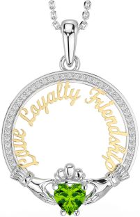 Diamond Peridot Gold Silver Irish "Love, Loyalty, & Friendship" Claddagh Necklace