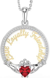 Diamond Ruby Gold Silver Irish "Love, Loyalty, & Friendship" Claddagh Necklace