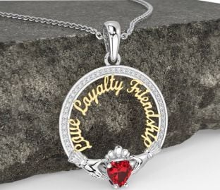 Diamond Ruby Gold Silver Irish "Love, Loyalty, & Friendship" Claddagh Necklace