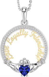 Diamond Sapphire Gold Silver Irish "Love, Loyalty, & Friendship" Claddagh Necklace