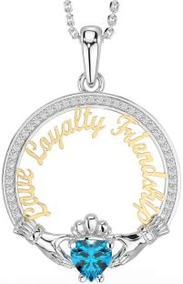 Diamond Topaz Gold Silver Irish "Love, Loyalty, & Friendship" Claddagh Necklace