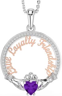 Diamond Amethyst White Rose Gold Irish "Love, Loyalty, & Friendship" Claddagh Necklace