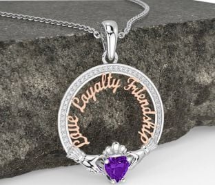 Diamond Amethyst White Rose Gold Irish "Love, Loyalty, & Friendship" Claddagh Necklace