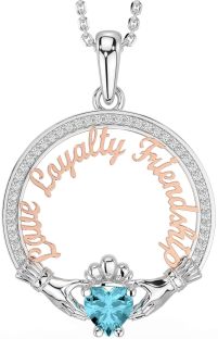 Diamond Aquamarine White Rose Gold Irish "Love, Loyalty, & Friendship" Claddagh Necklace