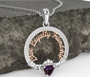 Diamond Alexandrite White Rose Gold Irish "Love, Loyalty, & Friendship" Claddagh Necklace