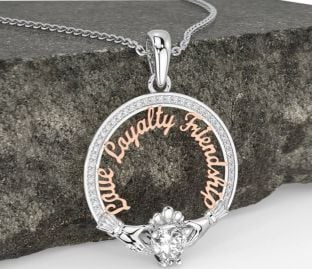 Diamond White Rose Gold Irish "Love, Loyalty, & Friendship" Claddagh Necklace