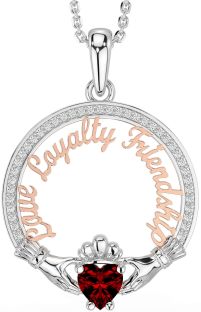 Diamond Garnet White Rose Gold Irish "Love, Loyalty, & Friendship" Claddagh Necklace