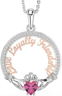 Diamond Pink Tourmaline White Rose Gold Irish "Love, Loyalty, & Friendship" Claddagh Necklace