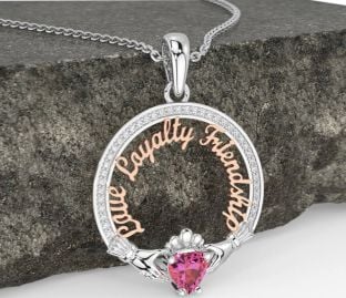 Diamond Pink Tourmaline White Rose Gold Irish "Love, Loyalty, & Friendship" Claddagh Necklace
