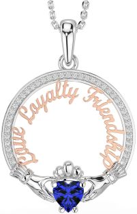 Diamond Sapphire White Rose Gold Irish "Love, Loyalty, & Friendship" Claddagh Necklace