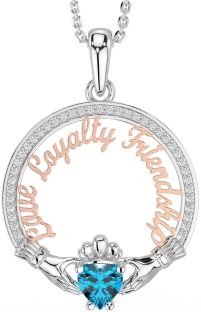 Diamond Topaz White Rose Gold Irish "Love, Loyalty, & Friendship" Claddagh Necklace