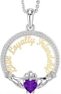 Diamond Amethyst White Yellow Gold Irish "Love, Loyalty, & Friendship" Claddagh Necklace