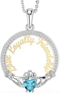 Diamond Aquamarine White Yellow Gold Irish "Love, Loyalty, & Friendship" Claddagh Necklace
