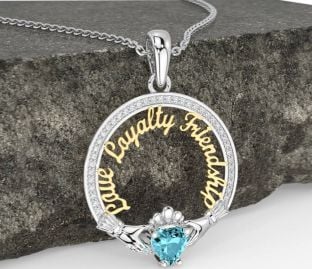 Diamond Aquamarine White Yellow Gold Irish "Love, Loyalty, & Friendship" Claddagh Necklace