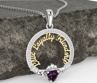 Diamond Alexandrite White Yellow Gold Irish "Love, Loyalty, & Friendship" Claddagh Necklace