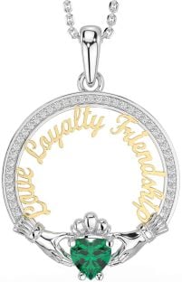 Diamond Emerald White Yellow Gold Irish "Love, Loyalty, & Friendship" Claddagh Necklace