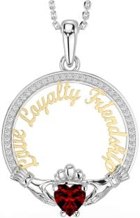 Diamond Garnet White Yellow Gold Irish "Love, Loyalty, & Friendship" Claddagh Necklace