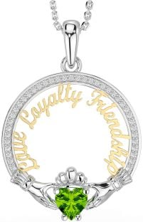 Diamond Peridot White Yellow Gold Irish "Love, Loyalty, & Friendship" Claddagh Necklace