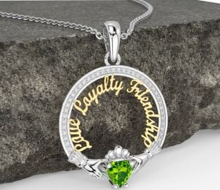 Diamond Peridot White Yellow Gold Irish "Love, Loyalty, & Friendship" Claddagh Necklace