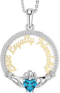 Diamond Topaz White Yellow Gold Irish "Love, Loyalty, & Friendship" Claddagh Necklace