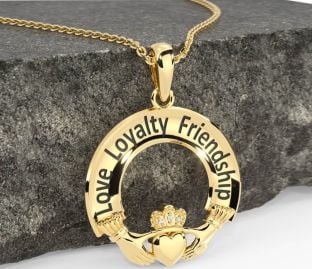 Diamond Gold Silver Irish "Love, Loyalty, & Friendship" Claddagh Necklace