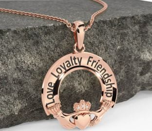 Diamond Rose Gold Irish "Love, Loyalty, & Friendship" Claddagh Necklace