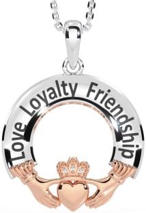 Diamond Rose Gold Silver Irish "Love, Loyalty, & Friendship" Claddagh Necklace