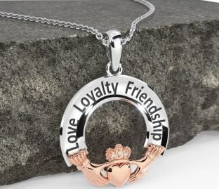 Diamond Rose Gold Silver Irish "Love, Loyalty, & Friendship" Claddagh Necklace