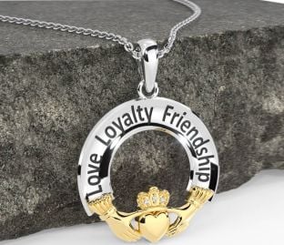 Diamond White Yellow Gold Irish "Love, Loyalty, & Friendship" Claddagh Necklace