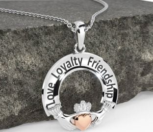 Diamond Rose Gold Silver Irish "Love, Loyalty, & Friendship" Claddagh Necklace