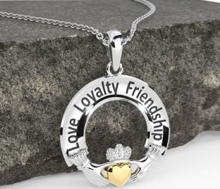 Diamond Gold Silver Irish "Love, Loyalty, & Friendship" Claddagh Necklace