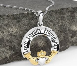 Diamond Gold Silver Irish "Love, Loyalty, & Friendship" Claddagh Necklace