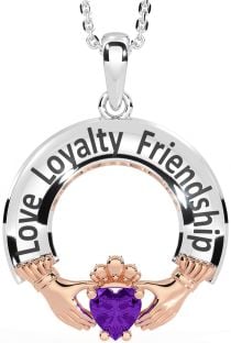 Amethyst Rose Gold Silver Irish "Love, Loyalty, & Friendship" Claddagh Necklace