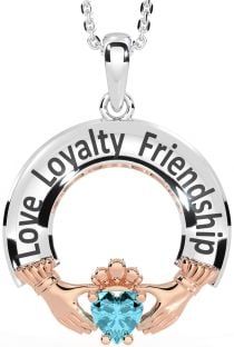 Aquamarine Rose Gold Silver Irish "Love, Loyalty, & Friendship" Claddagh Necklace