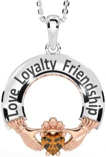 Citrine Rose Gold Silver Irish "Love, Loyalty, & Friendship" Claddagh Necklace