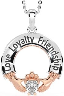 Diamond Rose Gold Silver Irish "Love, Loyalty, & Friendship" Claddagh Necklace