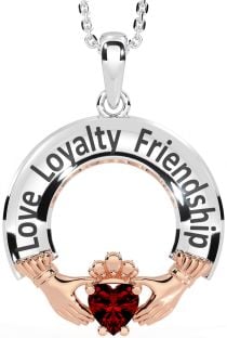 Garnet Rose Gold Silver Irish "Love, Loyalty, & Friendship" Claddagh Necklace